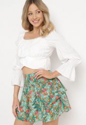 Zielona Spódnica Mini w Kwiatowy Print z Falbankami Rozkloszowana Kilina. Zielone spódnice Born2be, m, bez wzorów, mini, rozkloszowane. Za 59.99 zł.