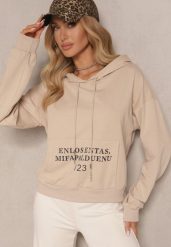 Beżowa Bluza o Klasycznym Kroju z Kapturem i Kieszenią Firloti. Brązowe bluzy Renee, l, bez wzorów, z jeansu, casualowe, bez ramiączek, z kapturem. W wyprzedaży za 47.99 zł.