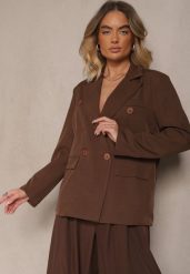 Brązowa Marynarka Dwurzędowa z Usztywnionymi Ramionami Emivori. Brązowe marynarki i żakiety Renee, l, bez wzorów, z jeansu, eleganckie, bez ramiączek. W wyprzedaży za 99.99 zł.