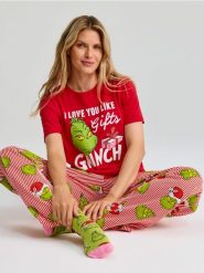 Bawełniana piżama dwuczęściowa Grinch - czerwony. Czerwone piżamy Sinsay, l, bez wzorów, z bawełny, bez kołnierzyka, bez ramiączek. Za 49.99 zł.