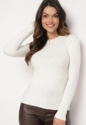 Biały Sweter Prążkowany z Cyrkoniami Romivra. Białe swetry Born2be, uniwersalny, bez wzorów, z jeansu, eleganckie, bez ramiączek. W wyprzedaży za 42.49 zł.