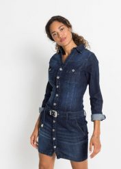 Sukienka dżinsowa z paskiem. Niebieskie sukienki bonprix, bez wzorów, eleganckie, bez kołnierzyka, bez ramiączek, plisowane. Za 189.99 zł.