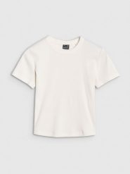 4F T-shirt slim z prążkowanej dzianiny damski - biały S. Białe t-shirty 4f, s, bez wzorów, z bawełny, klasyczne, bez kołnierzyka, bez ramiączek. W wyprzedaży za 49.99 zł.