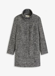 Krótki płaszcz z miękkiej tkaniny bouclé. Czarne płaszcze bonprix, bez wzorów, z tkaniny, eleganckie, bez kaptura. Za 319.99 zł.