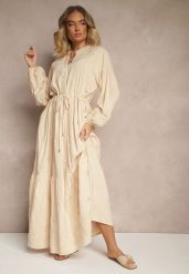 Beżowa Sukienka z Bawełną Haftem i Sznurkiem w Pasie Zenlio. Brązowe sukienki Renee, na co dzień, l, z aplikacjami, z bawełny, eleganckie, bez kołnierzyka, bez ramiączek, maxi, dopasowane. W wyprzedaży za 151.99 zł.