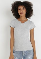 Jasnoszary T-shirt Thonilacia. Szare t-shirty Born2be, l, z aplikacjami, z bawełny, bez kołnierzyka, bez ramiączek. W wyprzedaży za 21.24 zł.