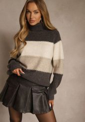 Brązowy Oversizowy Golf z Dodatkiem Kaszmiru w Szerokie Paski Nemeana. Brązowe swetry Renee, bez wzorów, z jeansu, eleganckie, bez ramiączek. Za 139.99 zł.