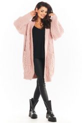 Kardigan bez Zapięcia z Grubym Ozdobnym Splotem - Różowy. Czerwone swetry Awama, uniwersalny, bez wzorów, z materiału, bez ramiączek. Za 339.90 zł.