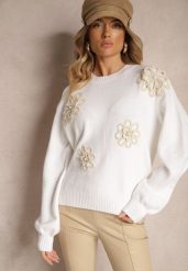 Biały Sweter z Bawełną Ozdobiony Kwiatami 3D Esenavia. Białe swetry Renee, z aplikacjami, z bawełny, biznesowe, bez ramiączek. W wyprzedaży za 119.99 zł.
