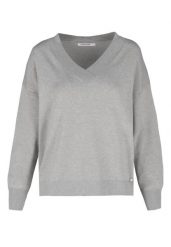 Luźny sweter z dekoltem w serek S-JOY. Szare swetry Volcano, s, bez wzorów, z dzianiny, eleganckie, bez ramiączek. Za 129.99 zł.