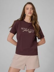 4F T-shirt boxy z nadrukiem damski - brązowy S. Brązowe t-shirty 4f, s, bez wzorów, z jeansu, bez kołnierzyka, bez ramiączek. Za 59.99 zł.