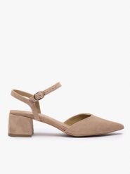 Taupe czółenka bez pięty slingback na słupku. Brązowe czółenka Ryłko, bez wzorów, z gumy, eleganckie, bez obcasa, na obcasie, bez zapięcia. Za 379.99 zł.