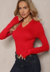 Czerwony Casualowy Sweter z Dekoltem w Serek Amitta. Czerwone swetry Renee, m, bez wzorów, z jeansu, biznesowe, bez ramiączek. W wyprzedaży za 63.99 zł.