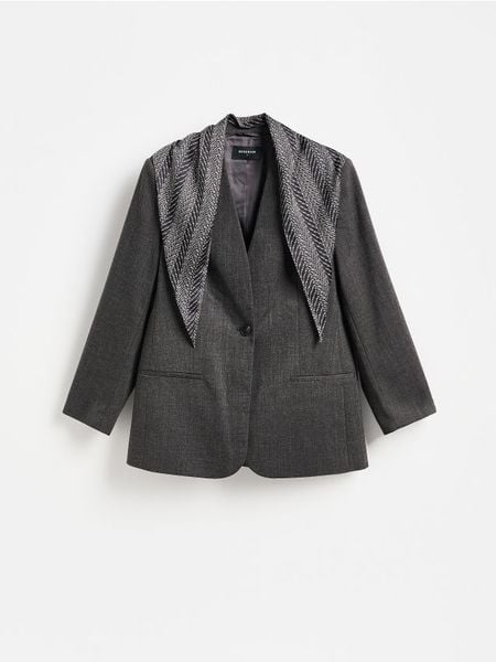 Marynarka z chustą - ciemnoszary. Szare chusty Reserved, l, bez wzorów, z tkaniny, bez ramiączek. Za 249.99 zł.