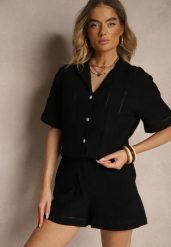 Czarna Koszula z Bawełny Ozdobiona Ażurowym Wzorem Natalena. Czarne koszule Renee, l, w ażurowe wzory, z bawełny, bez kołnierzyka, bez ramiączek. W wyprzedaży za 75.99 zł.