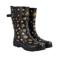 Kalosze Damskie Celeste Z Nadrukiem. Czarne kalosze Trespass, bez wzorów, z gumy, przed kolano, bez zapięcia. Za 272.99 zł.
