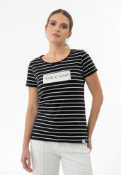 T-shirt w paski T-VIV. Brązowe t-shirty Volcano, s, bez wzorów, z bawełny, klasyczne, bez kołnierzyka, bez ramiączek. Za 59.99 zł.