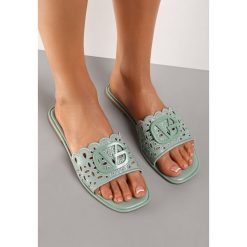 Zielone Klapki Wippey. Zielone klapki Renee, z aplikacjami, eleganckie, z otwartym noskiem, bez obcasa, na płaskiej podeszwie, bez zapięcia. W wyprzedaży za 59.99 zł.