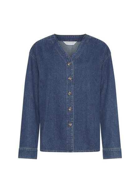 MOSS COPENHAGEN Bluzka dżinsowa "Elena" w kolorze granatowym rozmiar: L. Niebieskie bluzki Moss Copenhagen, l, bez wzorów, z bawełny, bez kołnierzyka, bez ramiączek. Za 232.78 zł.