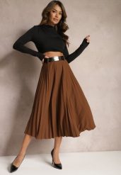 Ciemnobrązowa Spódnica Plisowana z Paskiem Nanie. Brązowe spódnice Renee, na co dzień, z aplikacjami, eleganckie, midi, dopasowane. W wyprzedaży za 71.99 zł.