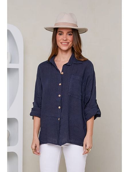 Rodier Lin Lniana koszula w kolorze granatowym rozmiar: XL/XXL. Niebieskie koszule Rodier Lin, xl, bez wzorów, ze lnu, bez kołnierzyka, bez ramiączek. Za 185.32 zł.