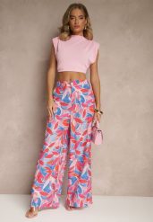 Różowe Spodnie z Wiskozy o Szerokim Kroju High Waist z Geometrycznym Motywem Ralianea. Czerwone jeansy Renee, l, bez wzorów, z jeansu, eleganckie, z podwyższonym stanem. W wyprzedaży za 75.99 zł.