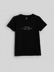 4F T-shirt slim z nadrukiem damski - czarny L. Czarne t-shirty 4f, l, bez wzorów, z bawełny, klasyczne, bez kołnierzyka, bez ramiączek. Za 59.99 zł.