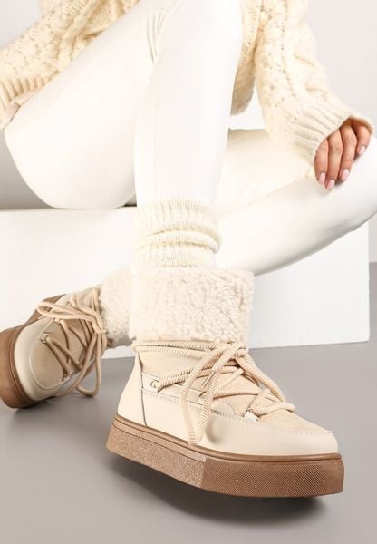 Beżowe Śniegowce na Grubej Podeszwie ze Sznurowaniem i Futerkiem Izantea. Brązowe śniegowce Born2be, bez wzorów, z futra, bez zapięcia. Za 89.99 zł.