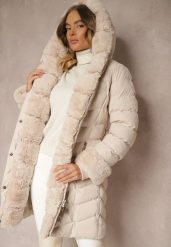Jasnobeżowa Kurtka z Pikowanymi Przeszyciami Mocno Ocieplana z Paskiem i Odpinanym Futerkiem Hedista. Brązowe kurtki Renee, l, bez wzorów, z futra, eleganckie, bez kaptura. Za 179.99 zł.