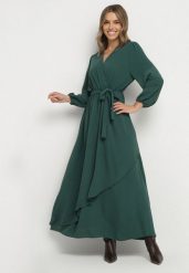 Zielona Kopertowa Asymetryczna Sukienka Koktajlowa z Wiskozą Ozdobiona Paskiem Lanoresa. Zielone sukienki Born2be, na imprezę, plus size, bez wzorów, z wiskozy, eleganckie, z asymetrycznym kołnierzem, plus size, bez ramiączek, asymetryczne. Za 99.99 zł.