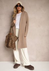 Ciemnobeżowy Niezapinany Kardigan z Wiskozą o Długim Kroju z Kapturem Nevaliana. Brązowe swetry Renee, bez wzorów, z jeansu, eleganckie, bez ramiączek. W wyprzedaży za 95.99 zł.