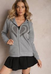 Szara Dzianinowa Bluza Ocieplana z Haftem i Kapturem Melajia. Szare bluzy Renee, l, bez wzorów, z dzianiny, z kapturem. W wyprzedaży za 71.99 zł.