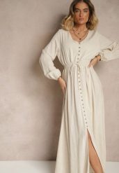 Jasnobeżowa Sukienka z Lnem i Wiskozą o Rozkloszowanym Kroju z Ozdobnymi Guzikami Maitena. Brązowe sukienki Renee, na co dzień, l, bez wzorów, z wiskozy, eleganckie, bez kołnierzyka, bez ramiączek, maxi, rozkloszowane. W wyprzedaży za 167.99 zł.