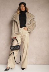 Beżowe Szerokie Spodnie High Waist z Imitacji Skóry Enawinn. Brązowe jeansy Renee, bez wzorów, z jeansu, eleganckie, z podwyższonym stanem. Za 79.99 zł.