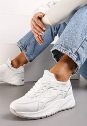 Białe Sznurowane Sneakersy na Grubej Podeszwie z Błyszczącymi Wstawkami Nithirela. Białe buty sportowe lifestyle Renee, bez wzorów, sportowe, bez zapięcia. W wyprzedaży za 99.99 zł.