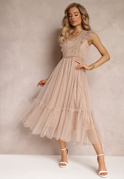 Beżowa Sukienka Lasthameia. Brązowe sukienki Renee, s, w ażurowe wzory, z koronki, bez kołnierzyka, bez ramiączek, midi, rozkloszowane. Za 179.99 zł.