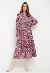 Fuksjowa Rozkloszowana Sukienka Koszulowa w Geometryczny Print Larissam. Czerwone sukienki Born2be, l, bez wzorów, z materiału, bez kołnierzyka, bez ramiączek, maxi, koszulowe. Za 54.99 zł.