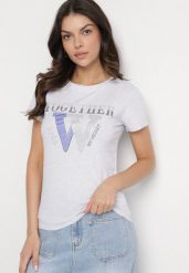 Jasnoszary T-shirt z Bawełny Ozdobiony Napisem i Cyrkoniami Raltebis. Szare t-shirty Born2be, m, bez wzorów, z bawełny, klasyczne, bez kołnierzyka, bez ramiączek. Za 49.99 zł.