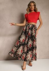 Czarna Rozkloszowana Spódnica z Plisami w Kwiatowy Wzór z Metalicznym Nadrukiem Follenna. Czarne spódnice Renee, na co dzień, l, bez wzorów, eleganckie, maxi, plisowane. W wyprzedaży za 63.99 zł.