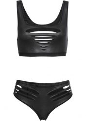 Biustonosz typu bustier + figi typu ouvert z materiału z efektem wet look (2 części). Czarne figi bonprix, bez wzorów. Za 99.99 zł.