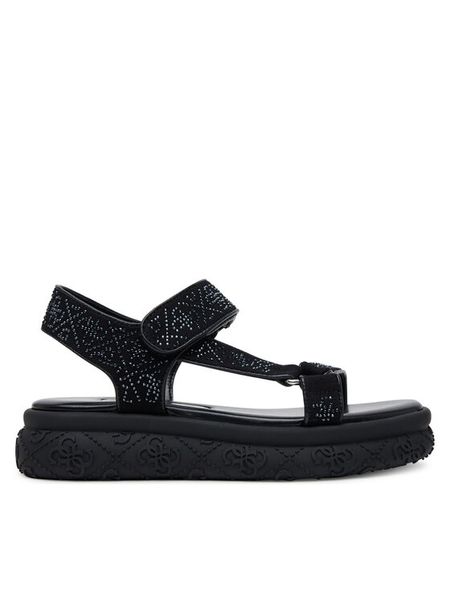 Guess Sandały FLJLOD FAP03 Czarny. Czarne sandały Guess, z aplikacjami, z materiału, bez obcasa, na płaskiej podeszwie, bez zapięcia. Za 319.99 zł.