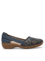 Rieker Półbuty 41396-12 Granatowy. Niebieskie półbuty wsuwane Rieker, bez wzorów, ze skóry, bez obcasa, na płaskiej podeszwie. Za 299.99 zł.