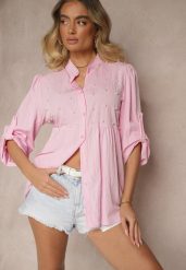 Różowa Koszula z Wiskozą i Perełkami Tanathiel. Czerwone koszule Renee, z aplikacjami, z jeansu, eleganckie, bez kołnierzyka, bez ramiączek. W wyprzedaży za 62.99 zł.