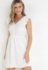 Biała Rozkloszowana Sukienka Mini z Tkaniny Plumeti i Odkrytymi Plecami Caitadi. Białe sukienki Born2be, na imprezę, l, bez wzorów, z tkaniny, eleganckie, bez kołnierzyka, bez ramiączek, mini, rozkloszowane. W wyprzedaży za 76.49 zł.