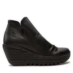 Botki Fly London. Czarne botki Fly London, bez wzorów, bez obcasa, na koturnie, bez zapięcia. Za 399.99 zł.