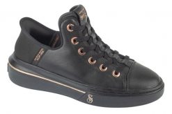 Buty sportowe Sneakersy damskie, Slip-Ins: Snoop One - OG Leather. Czarne buty treningowe Skechers, bez wzorów, z materiału, przed kostkę, bez zapięcia, trekkingowe. Za 399.99 zł.