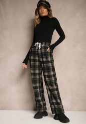Czarne Szerokie Spodnie w Kratkę Ocieplane z Gumką w Talii i Kieszeniami Sanavira. Czarne jeansy Renee, l, bez wzorów, z bawełny, eleganckie. W wyprzedaży za 71.99 zł.