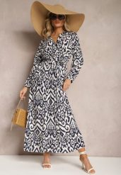 Granatowo-Beżowa Długa Kopertowa Sukienka z Abstrakcyjnym Motywem i Paskiem w Talii Delphinna. Niebieskie sukienki Renee, na plażę, l, bez wzorów, bez kołnierzyka, bez ramiączek, maxi, kopertowe. Za 54.99 zł.