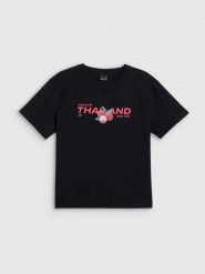 4F T-shirt loose z nadrukiem damski - czarny L. Czarne t-shirty 4f, l, bez wzorów, z bawełny, bez kołnierzyka, bez ramiączek. Za 69.99 zł.