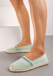 Jasnozielone Espadryle z Plecioną Podeszwą i Noskiem Effily. Zielone espadryle Born2be, z aplikacjami, eleganckie, bez obcasa, na obcasie. Za 89.99 zł.